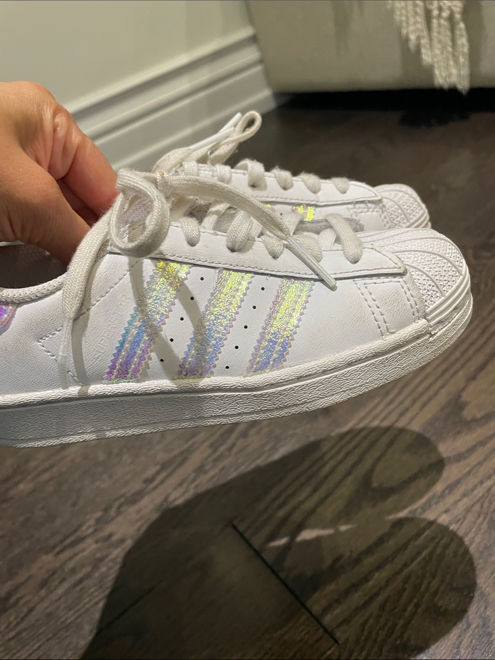 Adidas White Kids Sneakers with Iridescent pink/ purple Pastel Stripes